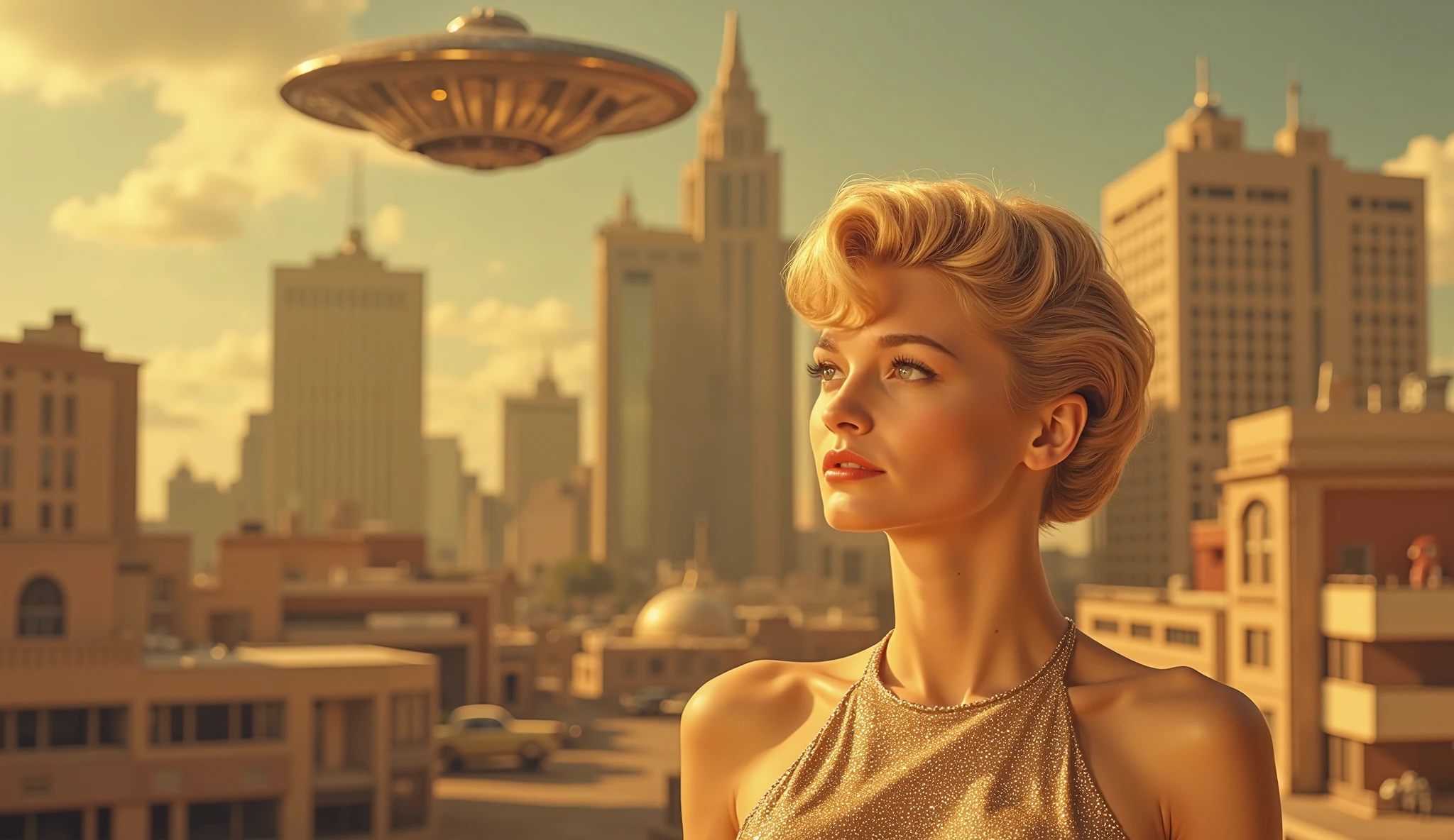 A young, light-skinned woman, in her twenties, with a glamorous 1940s-style hairstyle, gazes upward at a hovering UFO. She possesses a striking, expressive face with full lips and defined cheekbones, radiating an air of anticipation. Her expression conveys a captivating sense of wonder and intrigue. Her attire is a shimmering, metallic gold halter top, reminiscent of futuristic fashion. The material is highly reflective and glittery, creating a captivating visual texture. The color palette emphasizes the warm, golden hour tones of a sunset, accented by soft orange and yellow hues. The background depicts a cityscape of futuristic architecture, blending seamlessly with a subtly surreal environment. The composition showcases a wide angle perspective, focusing on the contrast between the woman and the extraterrestrial object. The lighting emphasizes her features, casting a dramatic glow over the entire scene. The overall mood is one of suspense and wonder, tinged with a touch of the fantastical. The style is reminiscent of vintage science fiction posters, with a touch of dramatic, stylized realism. Soft focus on the building background, emphasizing the woman and the UFO as focal points.