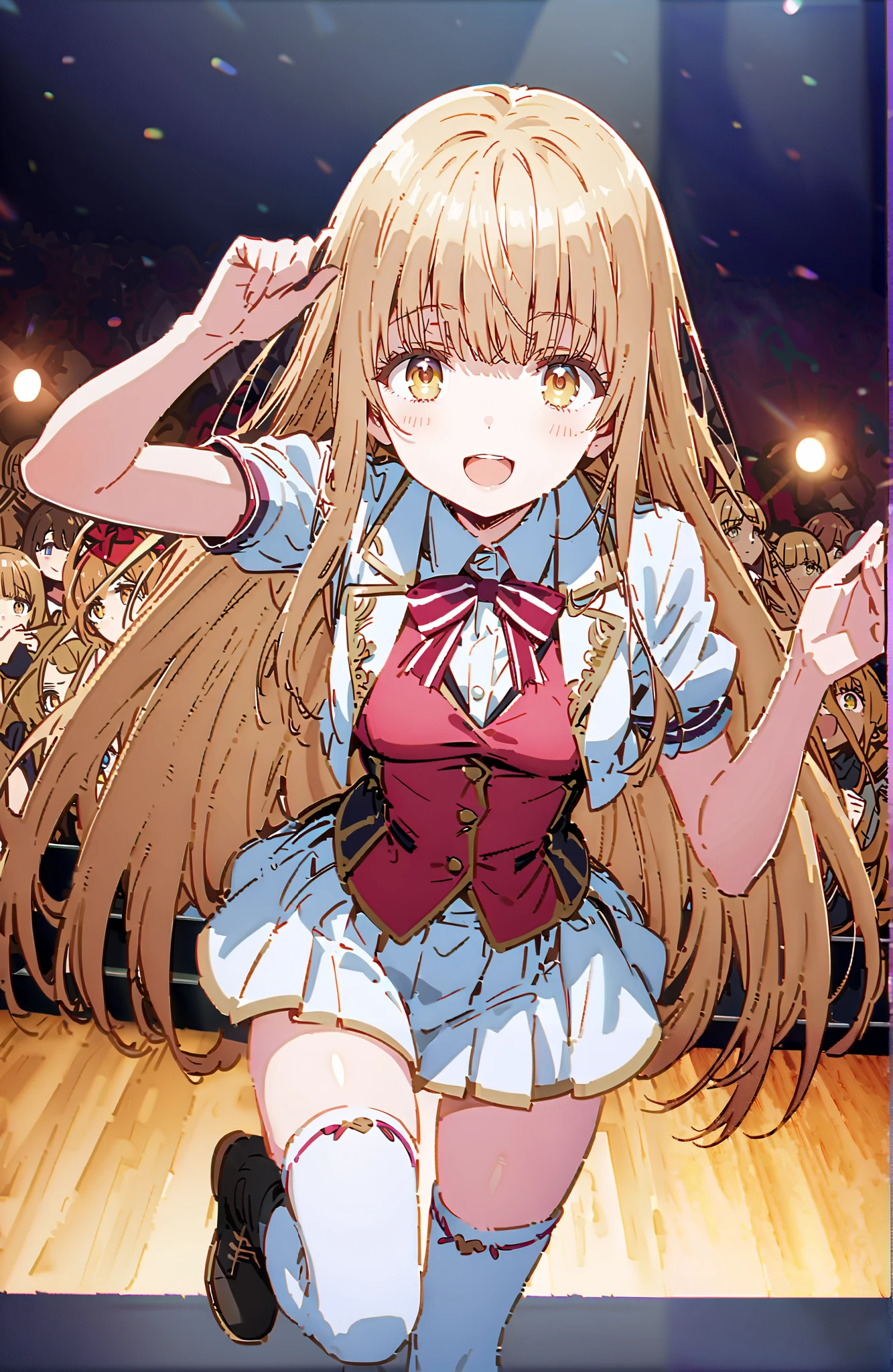 is horrible, Mahiru Shiina, bungs,  Gold, long hair,yellow eyes,Medium breast,smile,cover,open your mouth,idol costume, dress,collared  dress,jacket,cropped jacket,Short sleeve,bowtie,bow,button, above Decorati has ,(white knee-high:1.2),boots,is standing,アイドル歌手がライブ ステージで熱狂的に歌うシーンのillustration,アイドル歌手が ステージ中央にis standing, idol singers sing with microphones , idol singers are serious and impressive ,The singer&#39;s voice is strong and beautiful. ,  fans gather around the stage ,   fans sing and dance with idol singers Idol singers who do things  ,The Big Picture, Various colored lights ,,full bodyがillustrationに入るように,break indoors,concert venue,
break looking at viewer,full body,
break (masterpiece:1.2), best quality, high resolution, Unity 8k Wallpaper, (illustration:0.8), (beautiful detailed eyes:1.6), very detailed face,  so that it fits into the illustration, extremely detailed CG,full body写真, (perfect hand, perfect anatomy),
