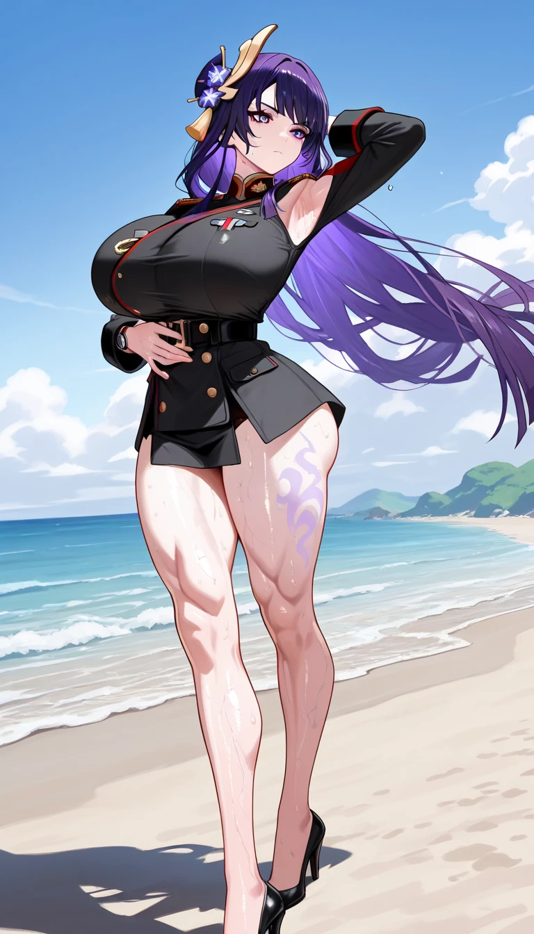 masterpiece, (best quality:1.1), (ultra-detailed:1.1), 1girl, beautiful woman with wavy hair, (dark red hair:1.6), (ponytail hair:1.2), (large breasts:1.1), (slim body:1.5), exposed muscle, (abs:1.2), black blazer and maxi pencil skirt, long pencil skirt, sandals, midriff, cleavage, hip bones, belly button, necklace, bracelet, watch, summer, beach, (looking at viewer:1.6), (full body:1.3), blush, (wide-eyed:1.1), smile, (tight clothes:1.12), (arm up:1.5), (hand on own hip:1.8),