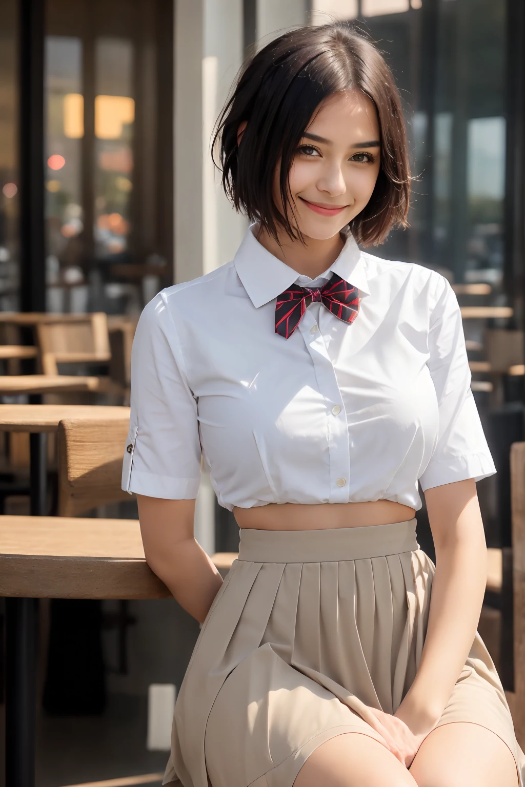 (8k, RAW Photos, Highest quality, masterpiece:1.2), (Realistic, photo-Realistic:1.37), Super detailed,
1 Girl,cute, alone,Beautifully detailed skies,Detailed Cafe,night,Sitting,Date,(Red nose),(smile:1.1),(Mouth closed),Large Breasts, seductive smile, Large opening, Professional Lighting, Sony A7R4, Zesse 50mm f1.8,
Medium chest,Beautiful attention to detail,(Collared shirt:1.1), bow tie,Pleated skirt,(short hair:1.2),Floating Hair