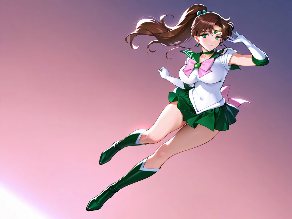 masterpiece, best quality, 1 girl, solo, hmjupiter, green eyes, ponytail, tiara, jewelry, sailor senshi uniform, green sailor collar, choker, elbow gloves, white gloves, pink bow, brooch, white leotard, green skirt, pleated skirt, looking through legs, full body,