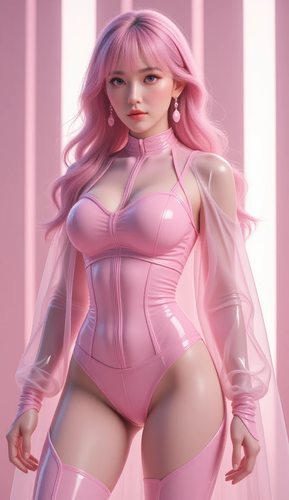 (Best Quality, Masterpiece: 1.1), (Reality: 1.4), 1 girl, long pink hair, curly hair, blue cute eyes, face, flaming red lips, oversized breasts, her hands covering her breasts, tight legs, long legs, sweaty body, shiny skin, seductive pose, in a subway car, perfect figure, age 26, seduction, pink transparent jumpsuit, pink one-piece stockings, pink one-piece stockings, pink horse oil stockings, shiny skin
