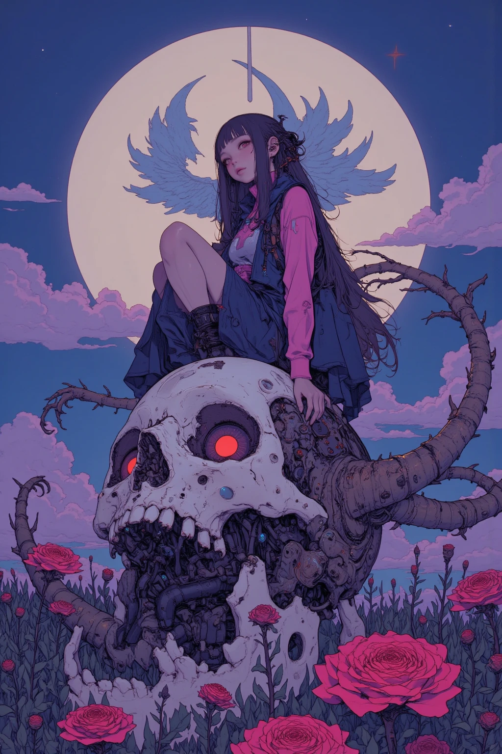 There、There is a picture of a girl sitting on the back of a giant skull with mysterious wings。,On the night of the purplish blue crescent moon , EXQUISITE PAINTING INSPIRED BY PAUL LANSON , Polygon Count , Naive Art , Additional Details , graphic details , Stylized Paintings , Detail shot, FALSE HIDDEN DETAILS , mythical flower hill , Blurred、 Dreamy illustration , middle close-up , middle close-up shot, dmt Death of Ego , Exquisite Futuristic Art ,DMT Art, DMT Egodes , Dan Mumford and Alex Grey style, Psychedelic Transart , Super Detailed Fantastic Art ,epic shamanic DMT Art, Shamanism DMT Horror Art ,visionary art style,High Definition Fantastic Art,Marauders After Death ,Simple, less-colored scheme