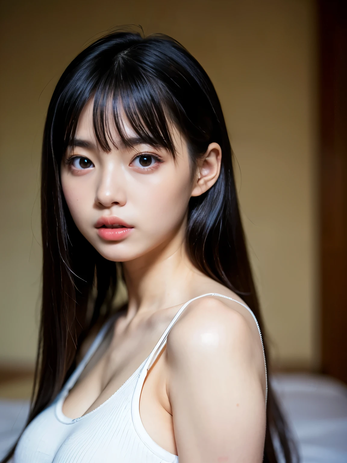 (Best-quality, Masterpiece, Ultra-High-Resolution, (Photorealistic:1.4), Raw Photo, depth of field, professional lighting, perfect anatomy, extremely details), 1girl, the most famous Japanese idol, in bedroom, looking at viewer, wearing casual-dress with cute-design, (extremely cute face like the most popular Japanese idol, (extremely cute and extremely realistic big-black-eyes), extremely cute black-hair), extremely cute long-eyelashes, extremely cute lips, (((extremely beautiful and extremely realistic skins)))
