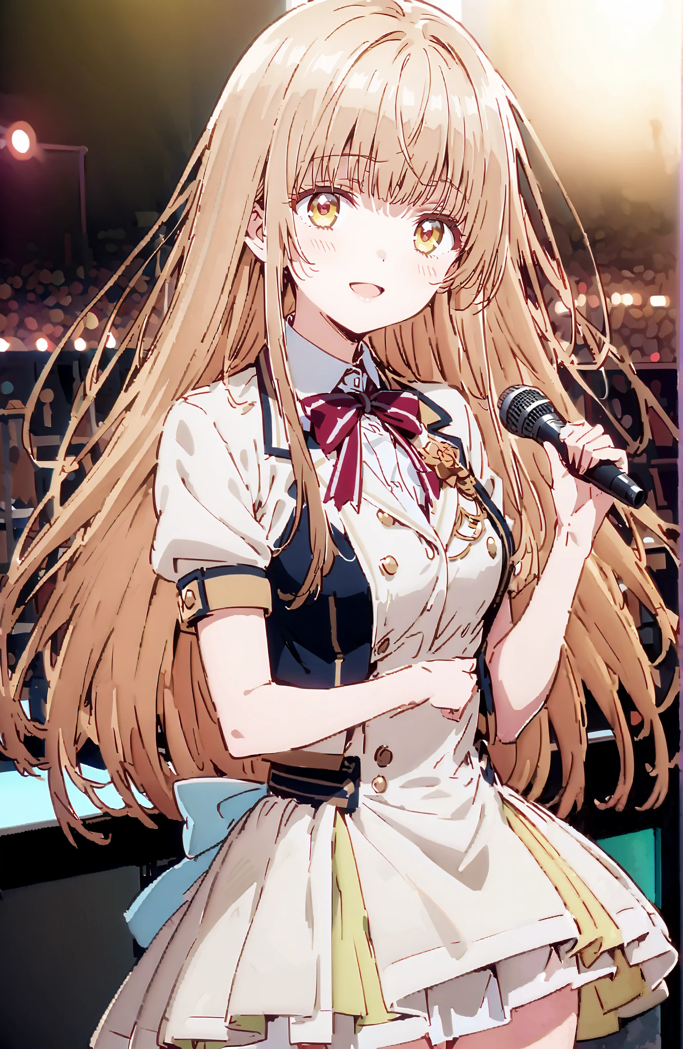 is horrible, Mahiru Shiina,Alone, bungs, Gold, long hair,yellow eyes,Medium breast,smile,cover,open your mouth,idol costume, dress,collared dress,jacket,cropped jacket,Short sleeve,bowtie,bow,button, above Decorati has ,(white knee-high:1.2),boots,is standing,アイドル歌手がライブ ステージで熱狂的に歌うシーンのillustration,アイドル歌手が ステージ中央にis standing, idol singers sing with microphones , idol singers are serious and impressive ,The singer's voice is strong and beautiful. , fans gather around the stage , fans sing and dance with idol singers Idol singers who do things ,The Big Picture, Various colored lights ,,full bodyがillustrationに入るように,break indoors,concert venue,
break looking at viewer,full body,
break (masterpiece:1.2), best quality, high resolution, Unity 8k Wallpaper, (illustration:0.8), (beautiful detailed eyes:1.6), very detailed face, so that it fits into the illustration, extremely detailed CG,full body写真, (perfect hand, perfect anatomy),
