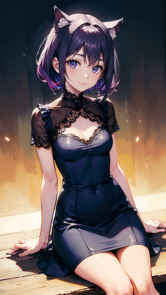 Anime girl with black short hairs, purple eyes, medieval morning, castle hall, black dress, blush, 4k, high quality, supersharp, masterpiece, beautiful woman, perfect body, perfect face, cute face,
