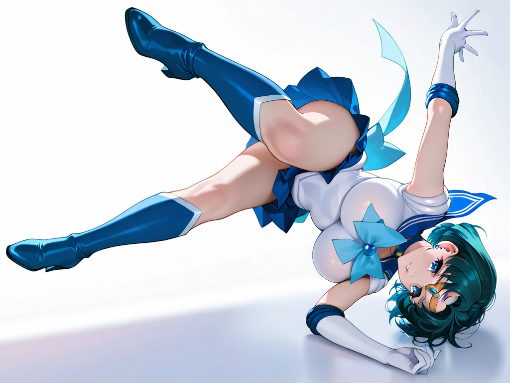 table top, highest quality, 1 girl, (sailor mercury),light blue hair, (black eye:1.2),((Bunny girl))、((leotard))、((happy look))、((full moon))、(((pantyhose)))、((short hair hair))、((white long gloves))、((open your legs))、((Bunny ears))、((Tierra))、((heart mark, The toes are growing, Excited, seen from below, ant&#39;s eye pov))