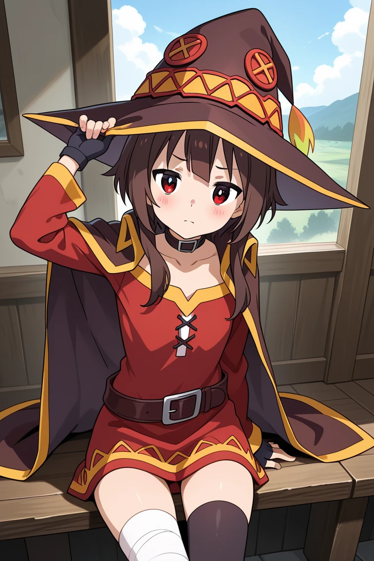 Megumin,1 girl,Lori,small boobs,ojos rojos,Bloqueos laterales largos,brown hair,pelo corto,sentado en,QUEBRAR (Obra maestraMejor calidad,Perfect anatomy,Manos perfectas,extremidad perjecta,Detalles altos),
