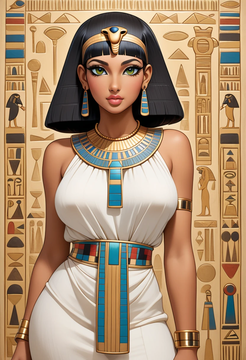 European and American cartoons, game characters, original design, 1girl, solo, egyptian, egyptian clothes, jewelry, breasts, black hair, hand on hip, looking at viewer, full body, earrings, sandals, smile, grey background, medium breasts, dark skin, green eyes, standing, dress, dark-skinned female, bangs, makeup, anklet, bracelet, eye of horus, blunt bangs, armlet, hoop earrings, white dress<lora:CG Game ouka:1>