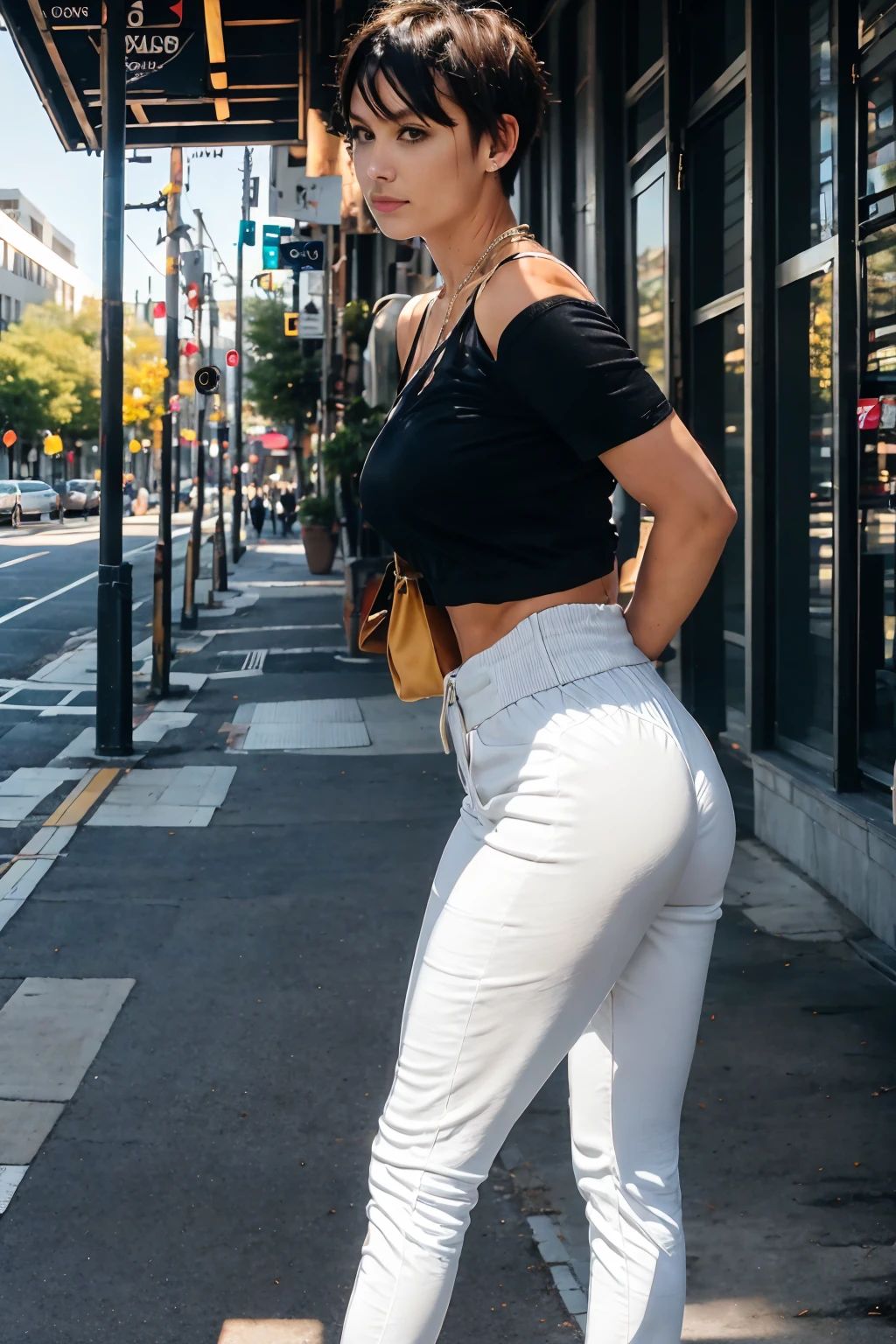 Street style photo of a grunge style woman in the streets of 1990 Manhattan standing in front of a sliver high rise building, blonde, 90s long wavy ponytail , Carly Norris, Sliver movie, natural lighting, shot on Agfa Vista 200, thick body and thighs, short denim skirt, white v-neck tank top, large breasts covered , cleavage, view from behind, low angle shot