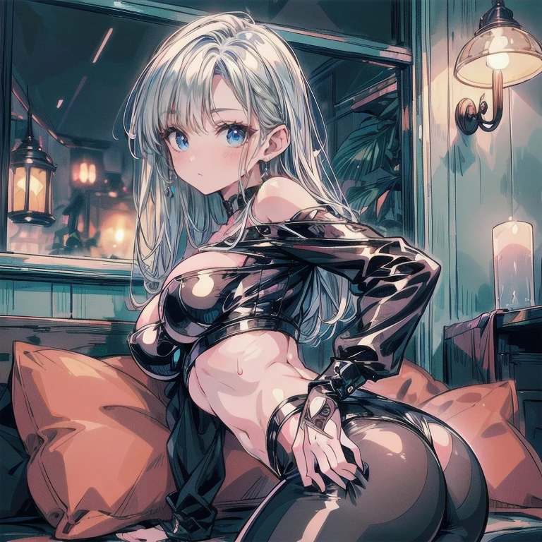 CG, unity, 8k, wallpaper, highest quality, masterpiece, Beautiful woman, long silver hair, white skin, BREAK, black leather coat, black leather skirt, black with transparent chest collar-shirt best lighting, complex pupils, complex textile, realistic skin texture, A clean room based on white, lie down on the sofa, There's a window behind her and it's open, blue sky beyond the window, refreshing morning, focus on face, red light eyes, peach colored eyes, diamond lace, jewerly with black violet and white diamonds, very stylish cool designed outfir, high fashion journal photo session, girl is top model, photo session of famous top model