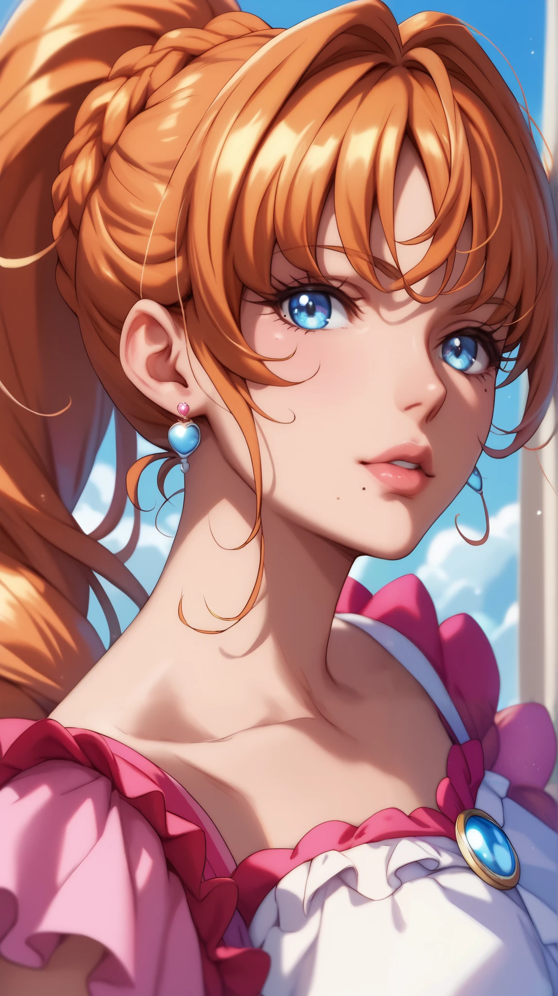 mira, orange hair, blue eyes, mole under mouth, long hair, ponytail, braid, 1woman, curemelody