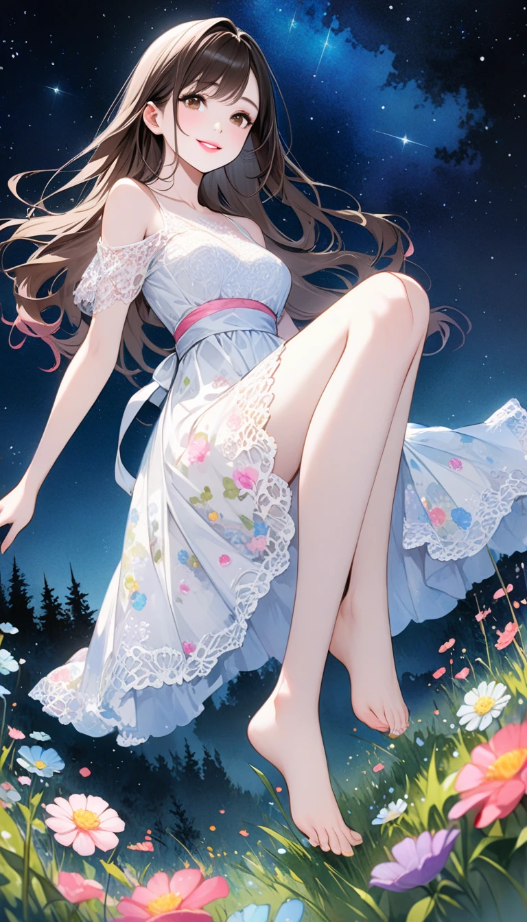 8k,masterpiece,highest quality, (from below:1.6) ,dynamic pose,A 12-year-old girl waiting for spring, bright lights, long hair, Wind、 smile, watercolor painting \(Moderate\),watercolor painting,(body-hugging white dress:1.3)