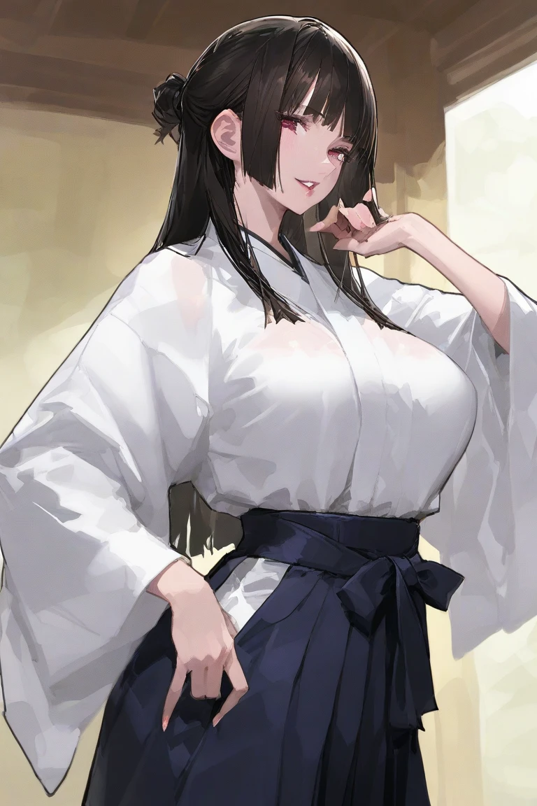 Black Hair、Straight Long、Hime cut、Slanted Eyes、Big Breasts、White robes、The clothes are transparent、Cold Stare、Princess of Japan、(((high resolution)))、((((masterpiece))))、In the flower garden１people、Weaving、A loom in front of you
