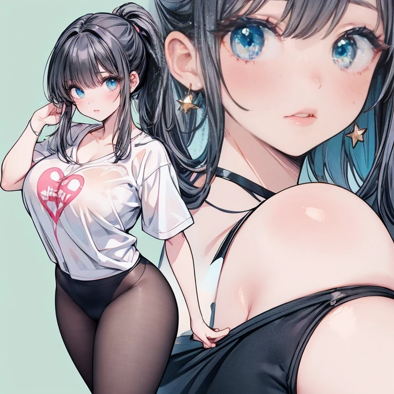 (Masterpiece, Best Quality:1.2), Cowboy shot, 独奏, 1girl, Ruby Rose, Smile, looking a viewer, earphones, Nightie, t shirt, black sweatpants, wide thighs, bed room, Erotica, (two heads)
