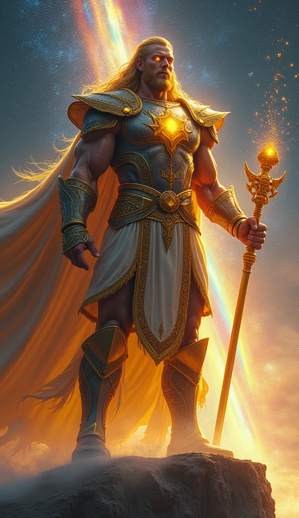 The king of the universe heroes holds the universe's trident and the lightning-fire whip