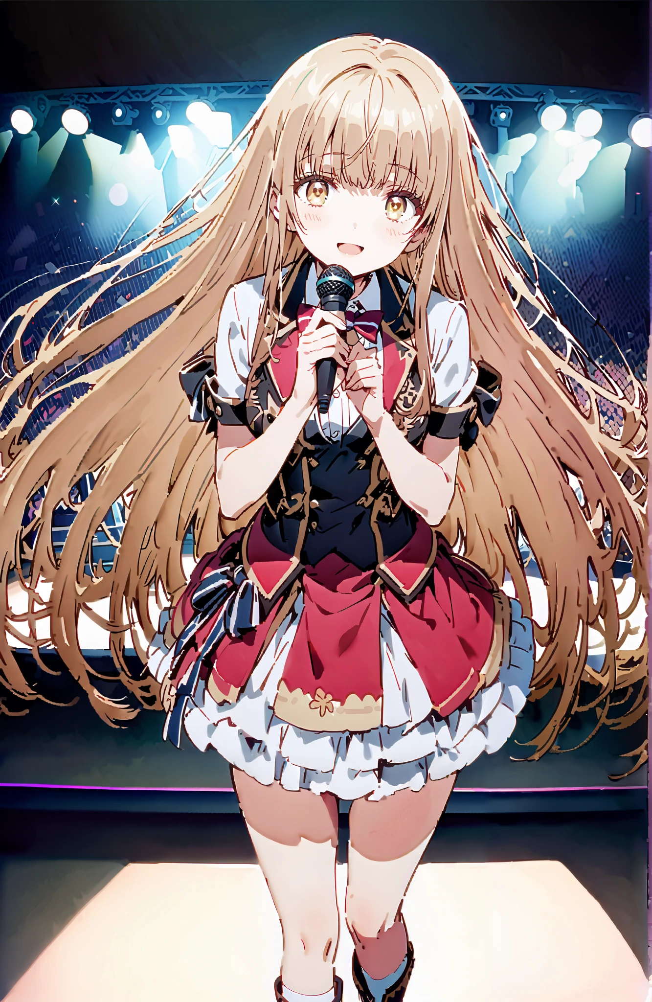 is horrible, Mahiru Shiina,Alone, bungs, Gold, long hair,yellow eyes,Medium breast,smile,cover,open your mouth,idol costume, dress,collared dress,jacket,cropped jacket,Short sleeve,bowtie,bow,button, above Decorati has ,(white knee-high:1.2),boots,is standing,アイドル歌手がライブ ステージで熱狂的に歌うシーンのillustration,アイドル歌手が ステージ中央にis standing, idol singers sing with microphones , idol singers are serious and impressive ,The singer's voice is strong and beautiful. , fans gather around the stage , fans sing and dance with idol singers Idol singers who do things ,The Big Picture, Various colored lights ,,full bodyがillustrationに入るように,break indoors,concert venue,
break looking at viewer,full body,
break (masterpiece:1.2), best quality, high resolution, Unity 8k Wallpaper, (illustration:0.8), (beautiful detailed eyes:1.6), very detailed face, so that it fits into the illustration, extremely detailed CG,full body写真, (perfect hand, perfect anatomy),