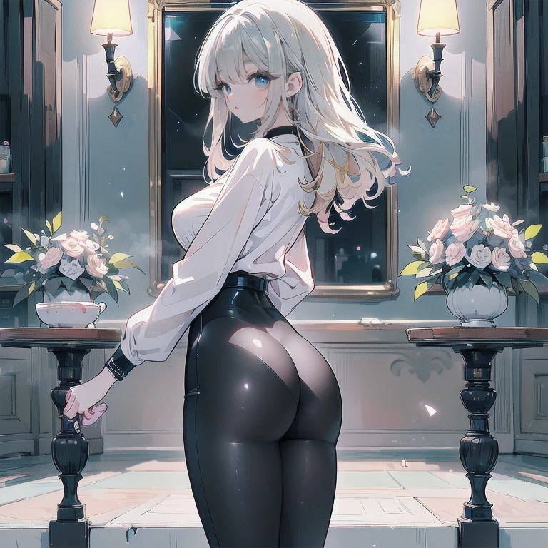 (masutepiece), Aluna madura, sexy, posterior, Roupa interior floral de renda, luz natural, fotorrealista, camelo, brilho difuso, profundidade de campos, saia branca, vapor, (Saia de elevador), Realista、no trem、Vire sua bunda para o espectador、embarrassed expression