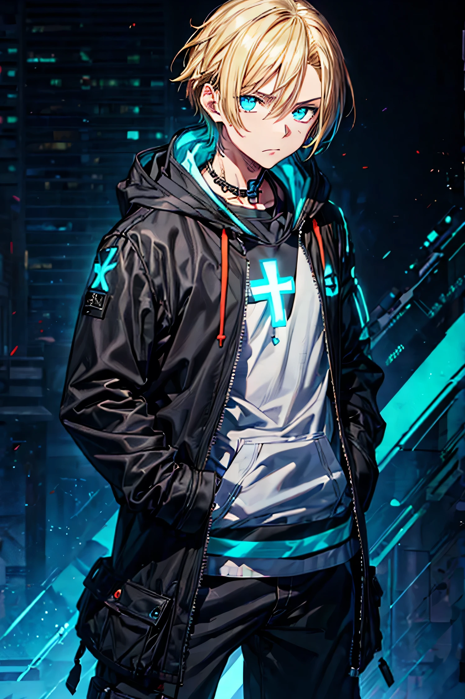 A young male,a black and aqua hoodie with a light blue cross on his chest. And he has Glowing blue eyes with, hands in pockets, and blonde hair. Amazing quality a good background, best quality, ultra-detailed, masterpiece.