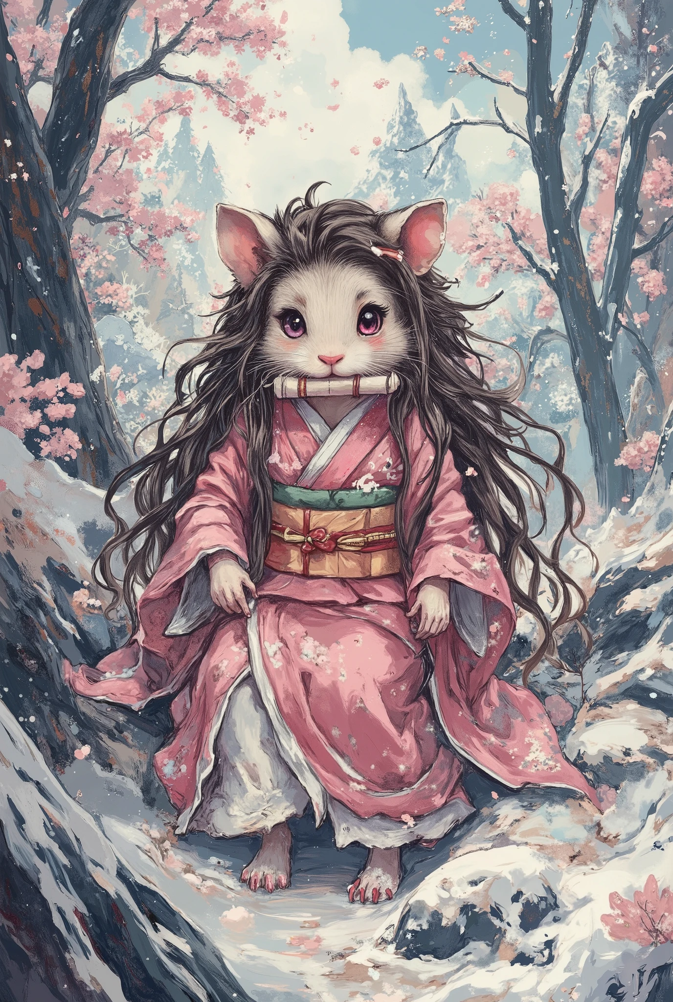 hamster dressed like nezuko from demon slayer, masterpiece, best quality, Super Detail,an epic,4K,snowy forest ,dressed like Nezuko, In fantasy art style, cinematic light , ultra detailed, 8k resolution ,Scroll in mouth , long dark brown hair,white face