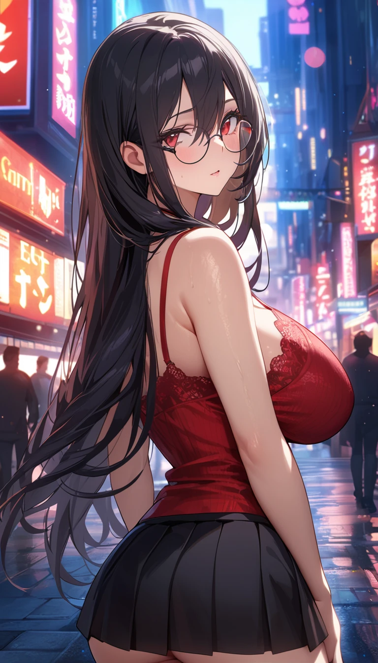 (best quality, Masterpiece), 1 girl, The sun shines, In the building, black hair, Beautiful long hair, double braid, pink eyes, glasses, cute, Bright face, Good mood, Huge breasts, Beautiful fashion clothes, shy, 1 woman, young girl, (Goosebumps:0.7), Beautiful face, (shyไลเนอร์, lipstick:0.9), nighttime, street lights, fall, 4K, 8K, UHD, HDR, detailed background, background