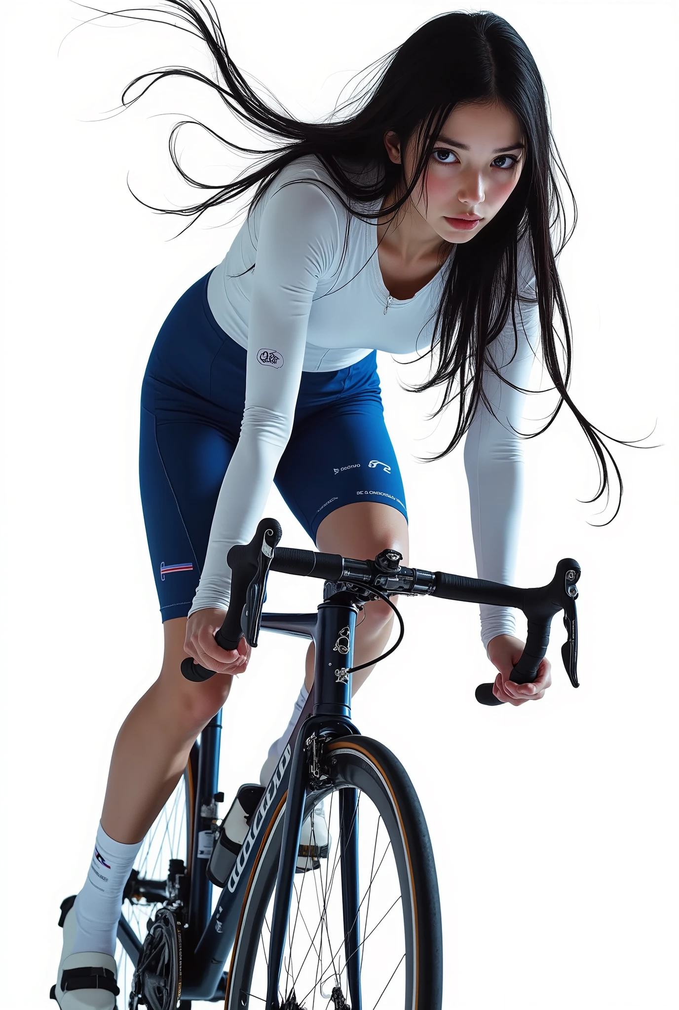 Dynamic Cycling Poses,  Long Flowing Hair , Fitted White and Blue Cycling Suit, Aerodynamic design, Sophisticated Road Bike, Strong Forward Posture, Strong Muscular Body, Indoor Setting with a White Background, Bright Lighting to Highlight Details, Energetic and Focused Atmosphere, Seductive Movement Captured in Action