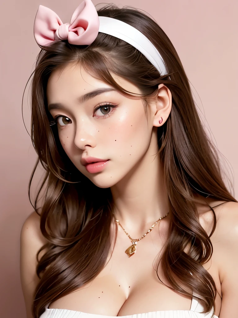 Kim Jennie with white brown hair, with curlers at the ends, with two bows on each side of the hair, all her white hair brown, with a star clip in her white brown hair, light colored eyes, beautiful eyes, crying eyes, beautiful, splash your nose, watery nose, beautifuls labios, pink lips, heart and cupid shaped lip, beautiful skin, pale, White skin, with moles and freckles all over his face, soft pink blush on cheeks, natural pink blush, soft pink makeup, Jennie, Nice neck, marked collar, frown, tender look, while having a bare abdomen, showing her navel and her slender waist, Delgado, marked and beautiful, (big breasts, soft breasts, beautifuls pechos), sentada, con ropa interior de corazónes, con con un top marrón de tirantes, sentada mostrando su abdomen, looking to the camera