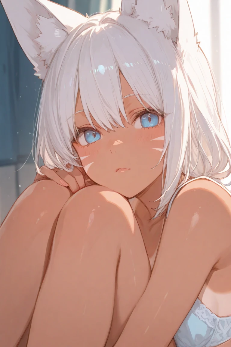 High quality, 1girl, ((((Candy Candy anime style)))), (wolf girl, wolf ears, wolf tail), animal ears, animal tail, ((((short hair)))), ((silver white hair)), hair clip, ((hair tap eye)), ((blue eyes)), long eyeslashes, eyeliner, (((small breasts, nude, no clothes, small snipples, pussy))), solo, ((waiting pose, looking at something)), ((worried, sad expression, mellancholic look, blue eyes)), portrait, close-up, (bedroom background, bed, darkblue, moonlight), closed_mouth, blush, eyelashes, detailed shadows, detailed eyes, detailed lines, detailed body, (((Anime retro style, anime coloring, 4K))).