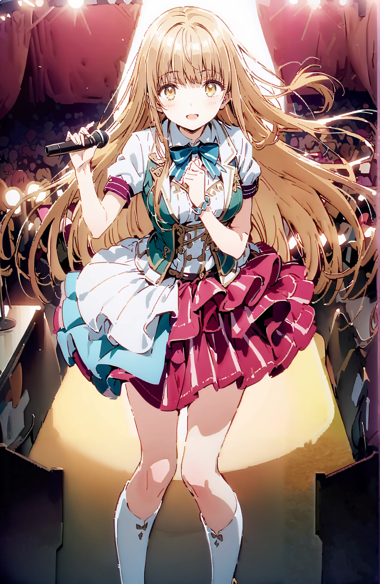is horrible, Mahiru Shiina,Alone, bungs, Gold, long hair,yellow eyes,Medium breast,smile,cover,open your mouth,idol costume, dress,collared dress,jacket,cropped jacket,Short sleeve,bowtie,bow,button, above Decorati has ,(white knee-high:1.2),boots,is standing,アイドル歌手がライブ ステージで熱狂的に歌うシーンのillustration,アイドル歌手が ステージ中央にis standing, idol singers sing with microphones , idol singers are serious and impressive ,The singer's voice is strong and beautiful. , fans gather around the stage , fans sing and dance with idol singers Idol singers who do things ,The Big Picture, Various colored lights ,,full bodyがillustrationに入るように,break indoors,concert venue,
break looking at viewer,full body,
break (masterpiece:1.2), best quality, high resolution, Unity 8k Wallpaper, (illustration:0.8), (beautiful detailed eyes:1.6), very detailed face, so that it fits into the illustration, extremely detailed CG,full body写真, (perfect hand, perfect anatomy),