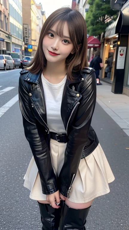 black leather jacket,leather mini skirt,A 34-year-old beautiful Japanese woman sitting on a bench with her legs spread wide.,holding a cigarette in his mouth,not wearing underwear,No panties,nude