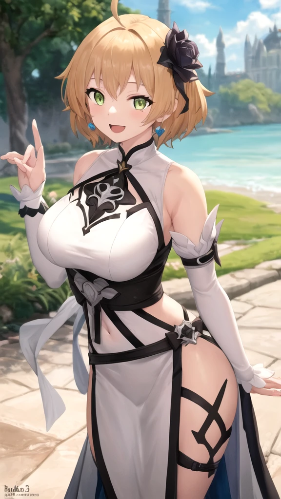 LeinaQuiron woman, 1girl, solo, breasts, blush, blue eyes, blonde hair, large breasts, cleavage, braid, hairband, armor, twin braids, side braid, short hair with long locks, buckle, shield BREAK (masterpiece, best quality:1.3), 4k, ultra-detailed, trending in pixiv, detailed background, BREAK (amidst the paddy field, countryside, scenery:1.4), BREAK (standing, from side, inviting gesture:1.3), happy smile, (sweat, shiny skin:1.3)
