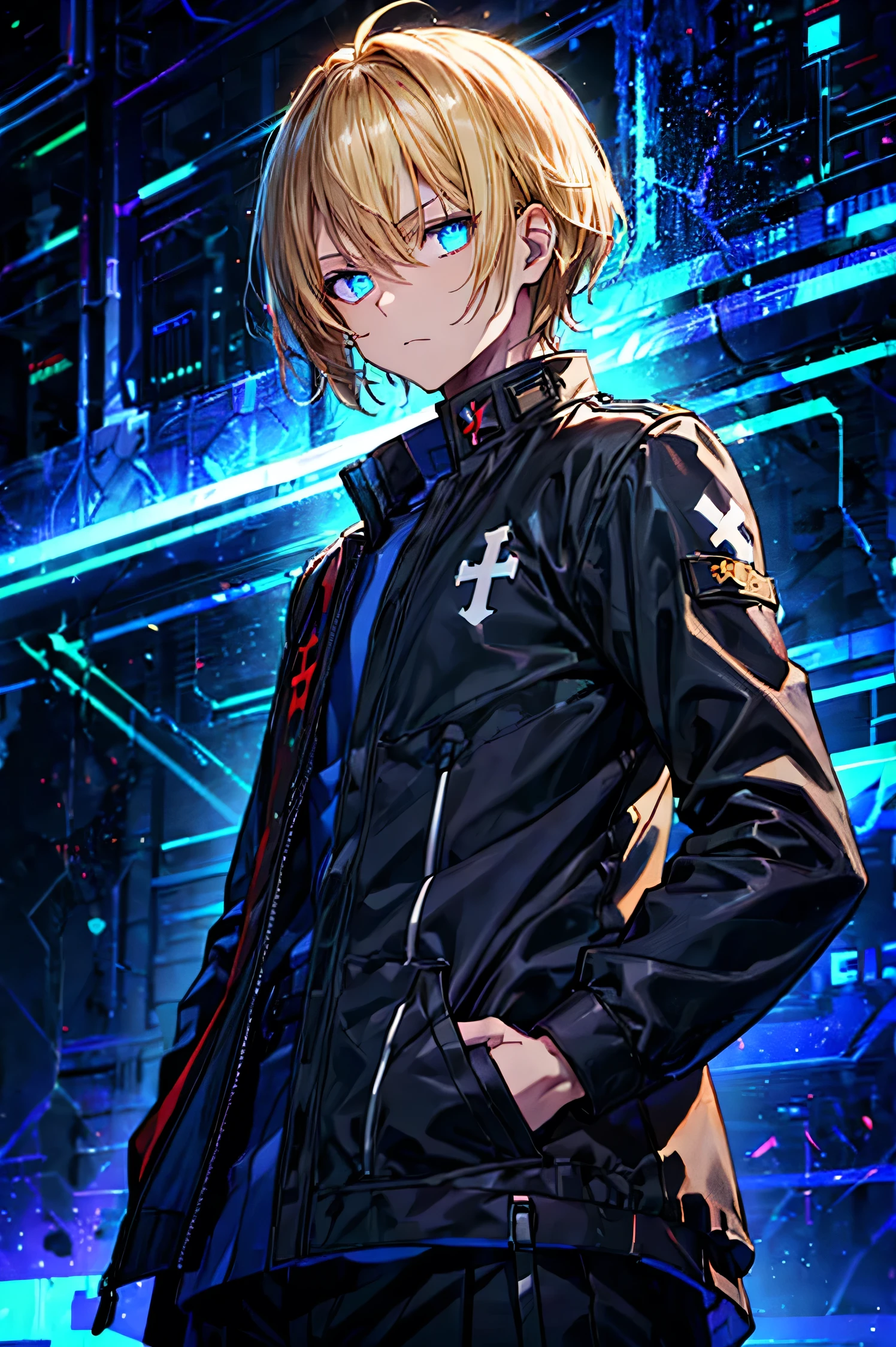 A young male,a black school uniform with a death logo on it, with a light blue cross on his chest. And he has Glowing blue eyes with, hands in pockets, and blonde hair. Amazing quality a good background, best quality, ultra-detailed, masterpiece.