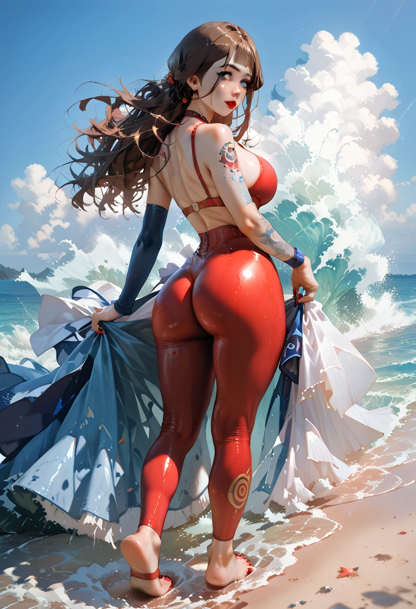 view from behind、show your butt、The focus is on the butt、actual、Super high chroma、8k、red long curly hair(((30 year old woman)))、((((She was wearing a red and blue competition swimsuit。))))、competitive swimmer、big breasts、Thick thighs、Pay attention to muscle development。競泳プールolympic Comcompetitive swimmerics stadium 美しい顔, Highly detailed facial and skin textures, (Eyes have small wrinkles, double eyelids, thin eyebrows, glitter eyeliner: 1.2, natural cheeks, skin shiny, White skin,, (glossy lips: 1. 4),Sweating 1.0、(((vitality)))