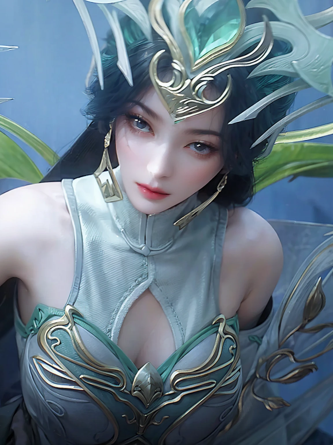 Wearing green and white clothes、Arav woman holding a sword, yun ling, Game CG, Fighting Game Characters, bian lian, Yang qi, xianxia hero, Sorry for my, g liulian art style, zhao yun, lu ji, 3D CG, 3d graphic, Inspired by Guillaume, Full body fairy, Dynasty Warriors