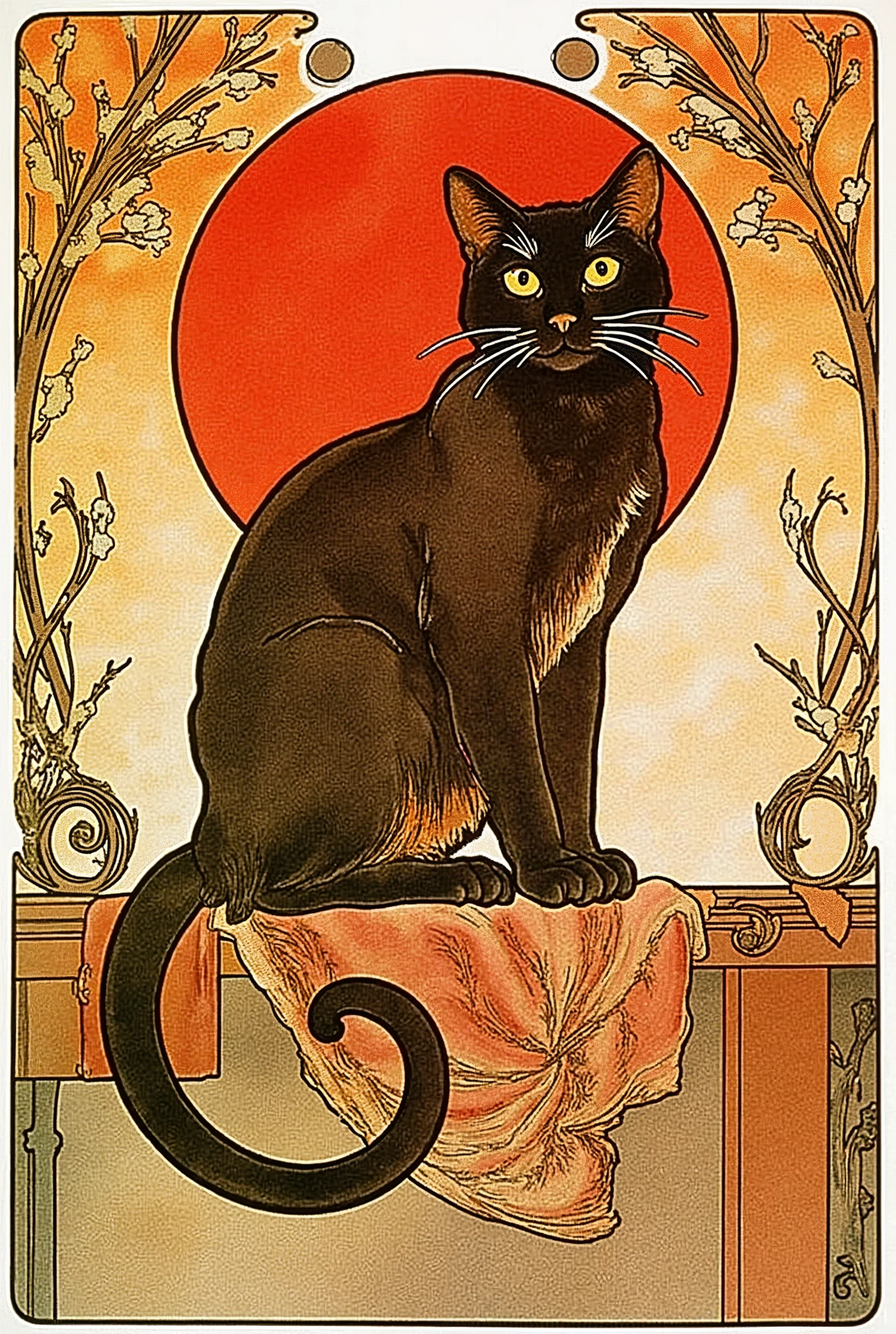 Crooked image of a black cat sitting on a bench with a red sun in the background, by Théophile Steinlen, Art Nouveau tarot style, inspired by Théophile Steinlen, Art Nouveau tarot, ( Art Nouveau ), ( Art Nouveau ), por Eugène Burnand, in an Art Nouveau style, Cheshire Cat Death Tarot card , Art Nouveau illustration