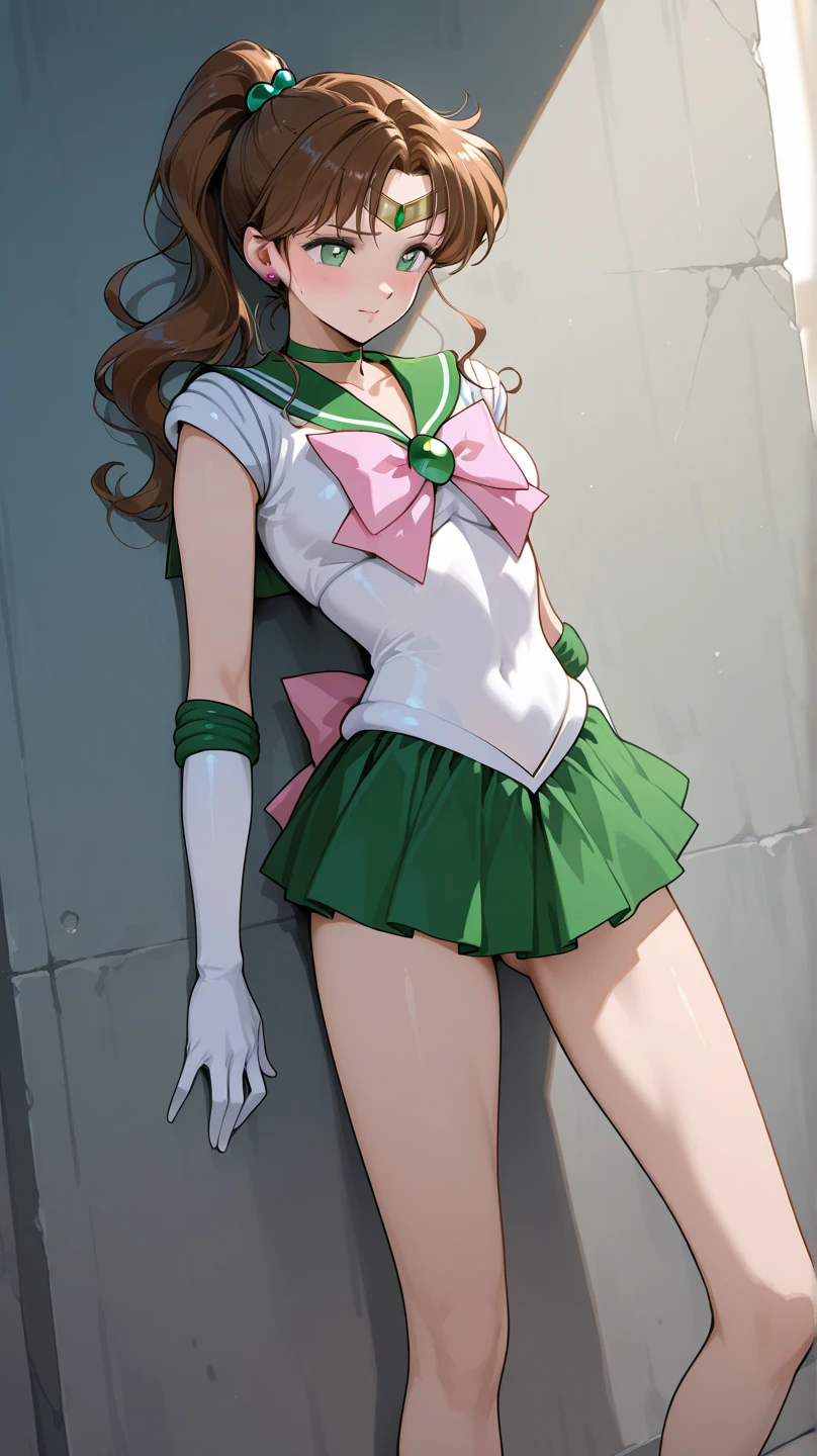 masterpiece, top-quality, Hi-Res, hmjupiter, verd s eyes, poneyTail, tiarra, jewely, Sailor Senshi Uniform, Green sailor color, a choker, elbowgloves, white glove, pink bows, brooches, Leotard, Green skirt, Green short boots, pin heels, full body Esbian, natta, a moon, A smile, embarrassed from, red blush, Squatting on the ground, ((Open your crotch wide from side to side:1.4)), ((Arms behind your head:1.3)), ((Show off both sides:1.3)), gazing at viewer, ((Face the viewer:1.3)), ((Open your crotch wide to the viewer:1.5)), ((Shooting from the front of the body:1.5)), Low camera position, (Sheer:1.5)
