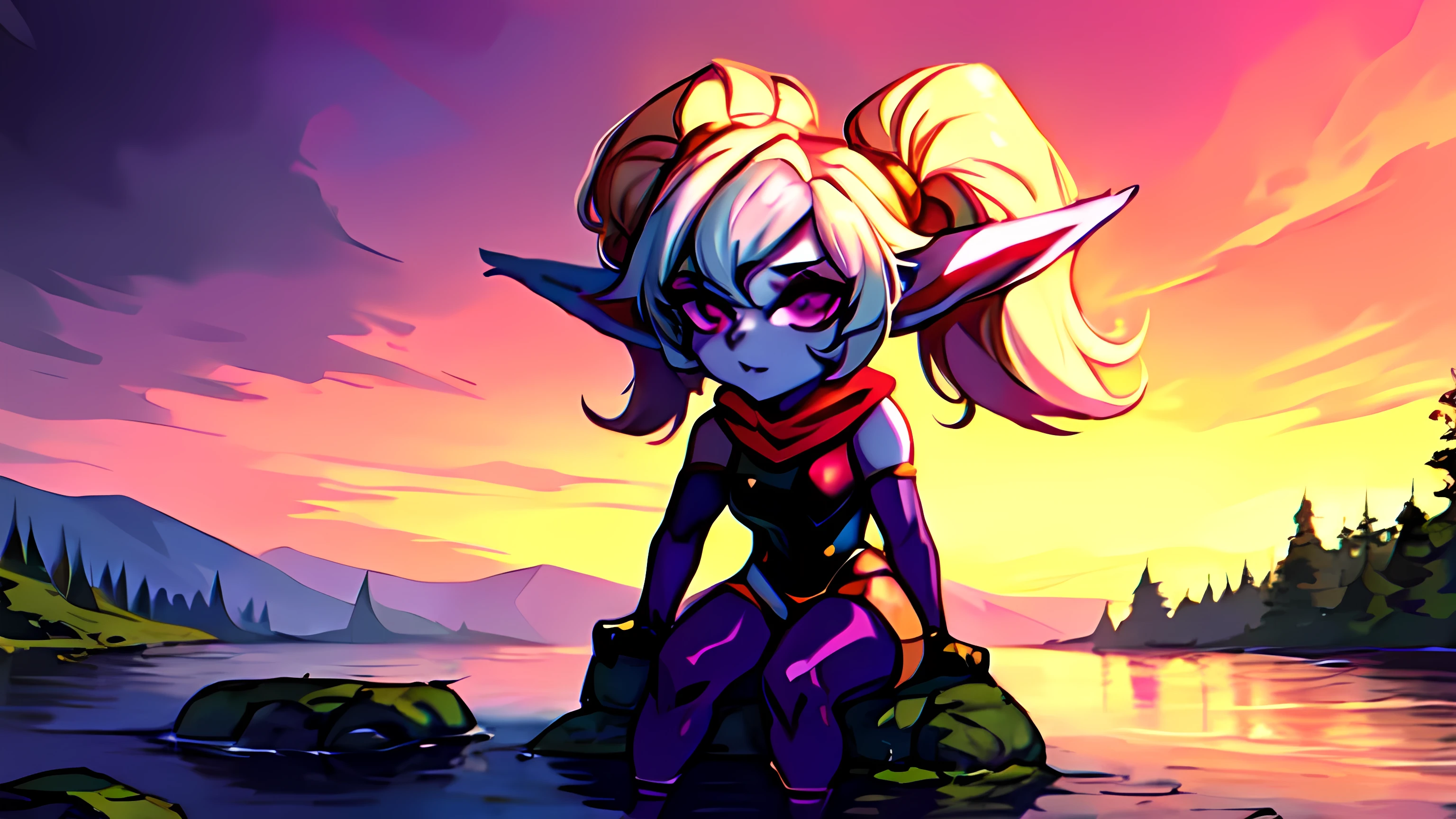 Poppy sitting on the riverbank, looking at the water, beautiful and cute, but at the same time, she is provocative and sexy. /Purple and pink colors are predominant. /Anime style.