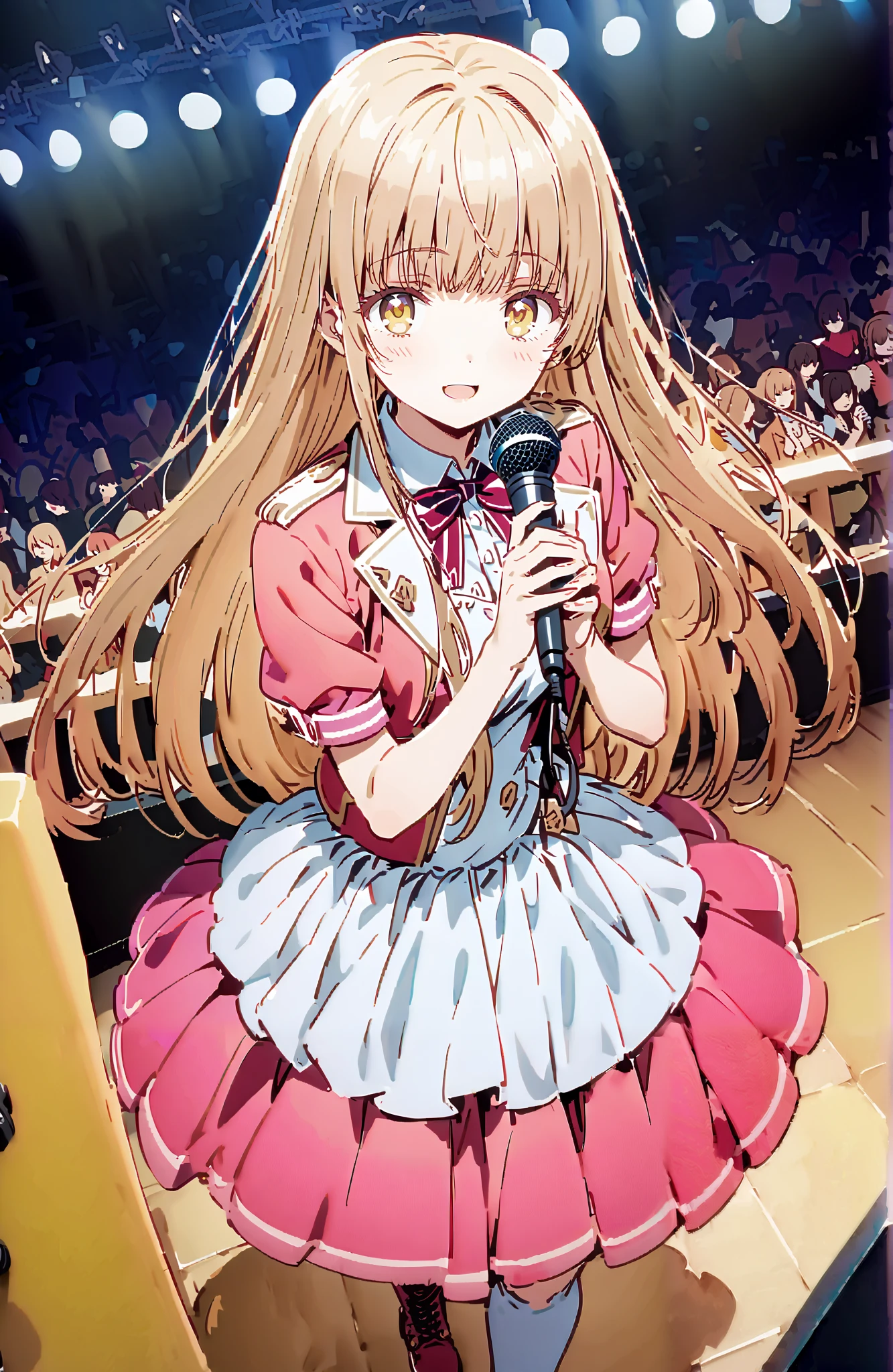 is horrible, Mahiru Shiina,Alone, bungs, Gold, long hair,yellow eyes,Medium breast,smile,cover,open your mouth,idol costume, dress,collared dress,jacket,cropped jacket,Short sleeve,bowtie,bow,button, above Decorati has ,(white knee-high:1.2),boots,is standing,アイドル歌手がライブ ステージで熱狂的に歌うシーンのillustration,アイドル歌手が ステージ中央にis standing, idol singers sing with microphones , idol singers are serious and impressive ,The singer's voice is strong and beautiful. , fans gather around the stage , fans sing and dance with idol singers Idol singers who do things ,The Big Picture, Various colored lights ,,full bodyがillustrationに入るように,break indoors,concert venue,
break looking at viewer,full body,
break (masterpiece:1.2), best quality, high resolution, Unity 8k Wallpaper, (illustration:0.8), (beautiful detailed eyes:1.6), very detailed face, so that it fits into the illustration, extremely detailed CG,full body写真, (perfect hand, perfect anatomy),