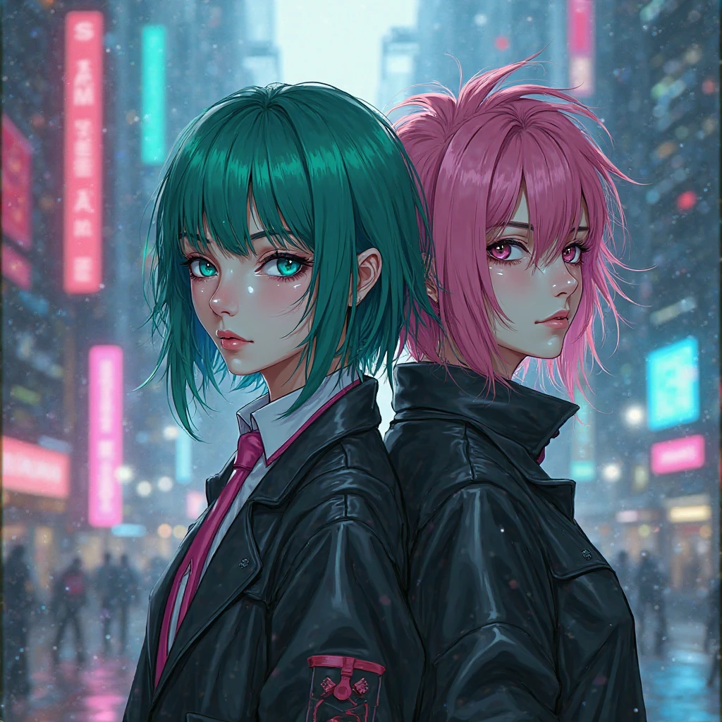 maam, Realistic characters, Green hair pink hair, Blue Eyes, Japanese cartoons, alone, modern, Cyberpunk