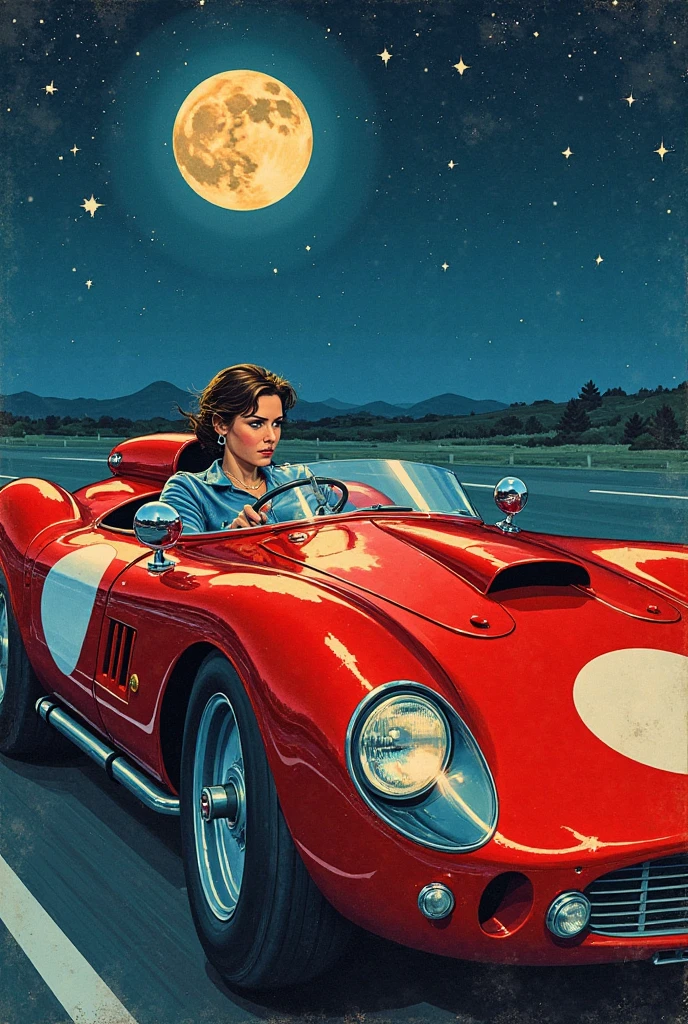 (Masterpiece ), (Best Quality), (best detail), (Vision Overview ), (Postage stamps),( Illustration Main Color : bright saturated red), (Secondary color: lapis lazuli),  An arrogant woman drives a red coffee racing car, very detailed chassis,  Future Western Scenery , Night (Many stars, themoon), shadowing (detailed, Strong contrast),  Very Saturated Pulp Color 