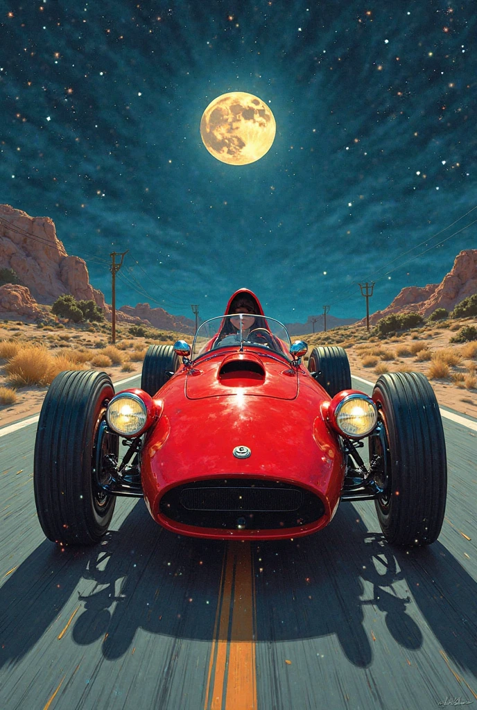 (Masterpiece ), (Best Quality), (best detail), (Vision Overview ), (Postage stamps),( Illustration Main Color : bright saturated red), (Secondary color: lapis lazuli), An arrogant woman drives a red coffee racing car, very detailed chassis, Future Western Scenery , Night (Many stars, themoon), shadowing (detailed, Strong contrast), Very Saturated Pulp Color