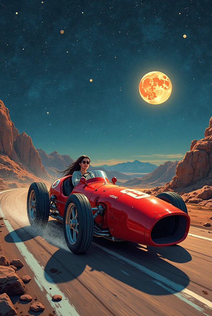 (Masterpiece ), (Best Quality), (best detail), (Vision Overview ), (Postage stamps),( Illustration Main Color : bright saturated red), (Secondary color: lapis lazuli), An arrogant woman drives a red coffee racing car, very detailed chassis, Future Western Scenery , Night (Many stars, themoon), shadowing (detailed, Strong contrast), Very Saturated Pulp Color
