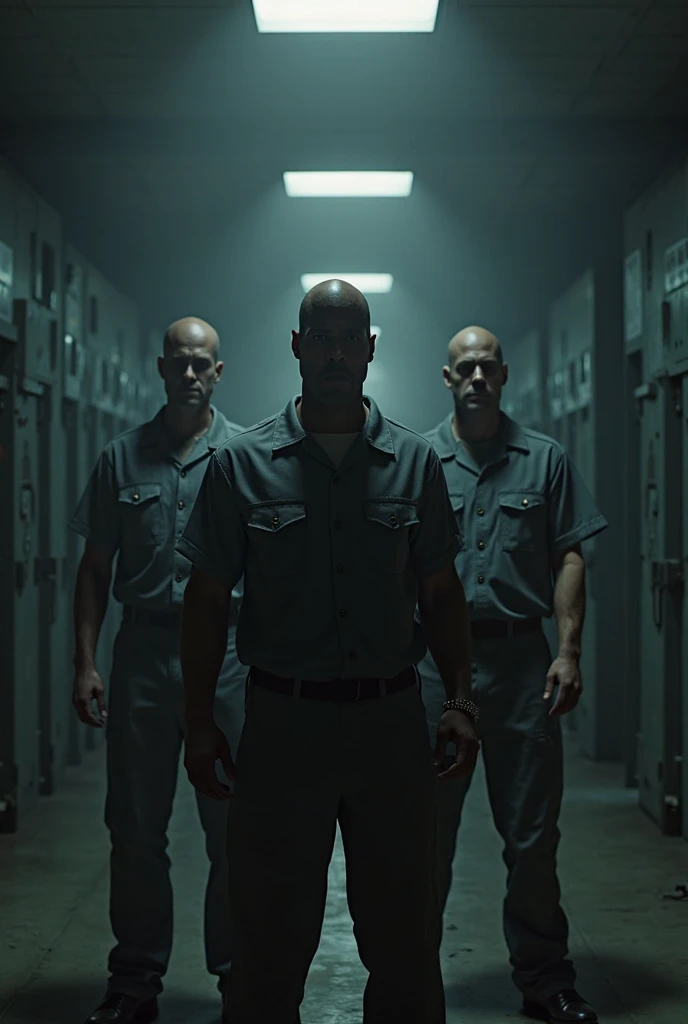 Three men in prison uniforms standing in a dark room, Movie CG Club, PAYDAY 2, cgsociety 9,  meticulous cinematography , arkham, author：Richard Kane Ferguson, photorealistic dark concept art,  Entertainment reality, Surreal fantasy art, prison scene, promotional images, Prison background, arkham city, GameCG, Movie keyframes, promotional images  