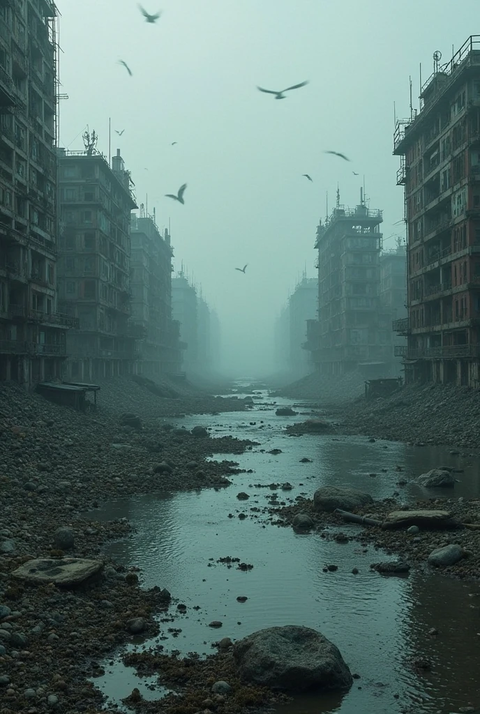 create a post-apocalyptic scene,Water floods the earth, Trees are scarce,Numerous buildings. 添加high resolution细节, such as abandoned buildings , Structural cracks, faulty electrical equipment , and poor lighting . The scene should have mysterious and dark tones, containing elements of water and ruins , high resolution, Super Detail, Add ships that are used as cities, Ship City, 8 thousand, High quality