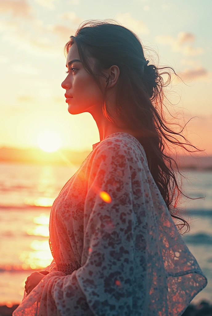 high quality,8k ultra high definition,美丽的Doubleexposure,Combining the silhouette of the goddess with the sunset coast, sunset coast should be used as the bottom background,Details are integrated into the silhouette of the goddess,Clear lines,The background is a monochromatic ,Focus sharp,Doubleexposure,Created by yukisakura,Gorgeous full color