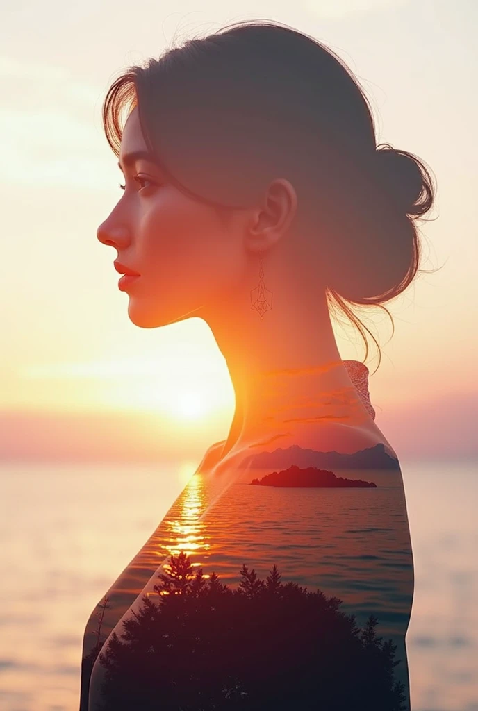 high quality，8k ultra high definition，美丽的Doubleexposure，Combining the silhouette of the goddess with the sunset coast， sunset coast should be used as the bottom background，Details are integrated into the silhouette of the goddess，Clear lines，The background is a monochromatic ，Focus sharp，Doubleexposure，Created by yukisakura，Gorgeous full color