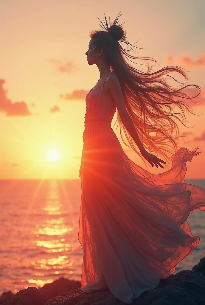 high quality，8k ultra high definition，美丽的Doubleexposure，Combining the silhouette of the goddess with the sunset coast， sunset coast should be used as the bottom background，Details are integrated into the silhouette of the goddess，Clear lines，The background is a monochromatic ，Focus sharp，Doubleexposure，Created by yukisakura，Gorgeous full color