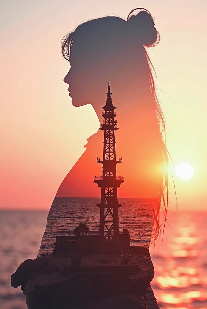 high quality,8k ultra high definition,美丽的Doubleexposure,Combining the silhouette of the goddess with the sunset coast, sunset coast should be used as the bottom background,Details are integrated into the silhouette of the goddess,Clear lines,The background is a monochromatic ,Focus sharp,Doubleexposure,Created by yukisakura,Gorgeous full color