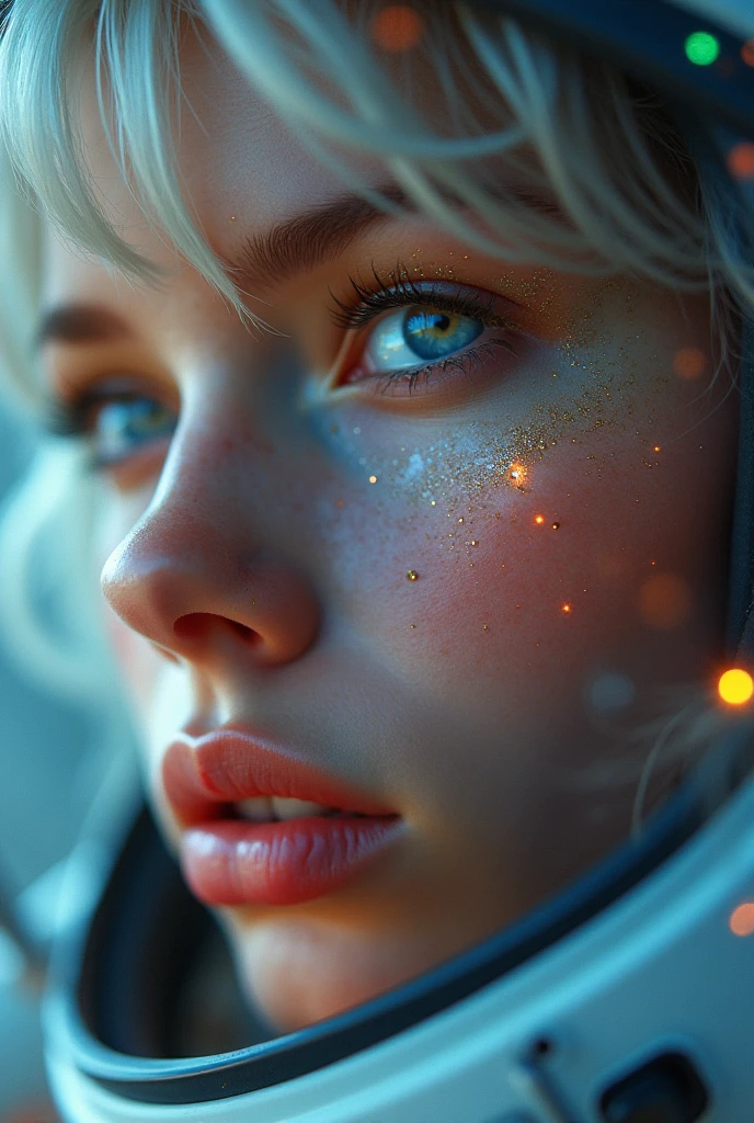 (Close-up of a masterpiece:1.5)0.9]，(Space and astronauts:1.2) (Messy silver hair:1.1) (Heterochromia yellow blue eyes:1.2) (Casque spatial:1.0) (Colorful stars in the eyes:1.0) (Dazzling light:1.1) (Thick lip:0.9)