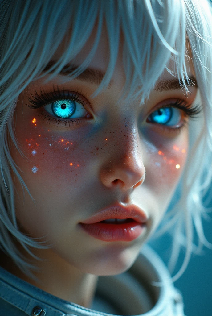 (Close-up of a masterpiece:1.5)0.9]，(Space and astronauts:1.2) (Messy silver hair:1.1) (Heterochromia yellow blue eyes:1.2) (Casque spatial:1.0) (Colorful stars in the eyes:1.0) (Dazzling light:1.1) (Thick lip:0.9)